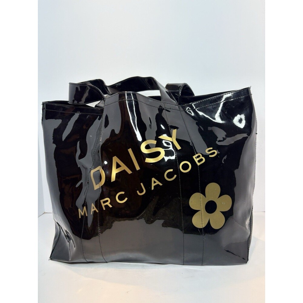 Marc Jacobs Daisy Black Patent Vinyl Large Tote Bag Shopper Gold Floral Promo